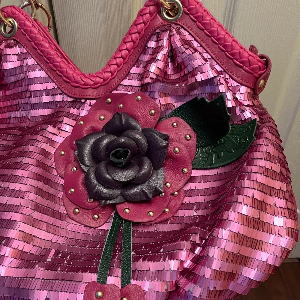 Y2K Sharif Magenta Pink Sequins and Leather flower purse